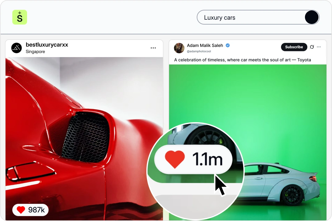 A Socialmon interface mockup showing search results from searching "luxury cars" on Socialmon's AI-powered search. Results include relevant viral luxury car posts, including a red and a white sports car, with a magnified overlay showing engagement metrics like 987k and 1.1m likes.