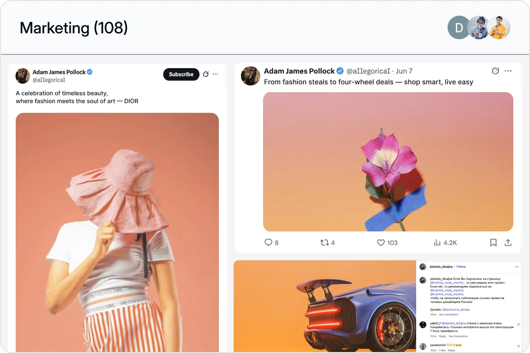 A Socialmon interface mockup showing a "Marketing" board with 108 saved viral posts. The examples include a fashion post, a flower post, and a sports car post, along with captions and engagement metrics.