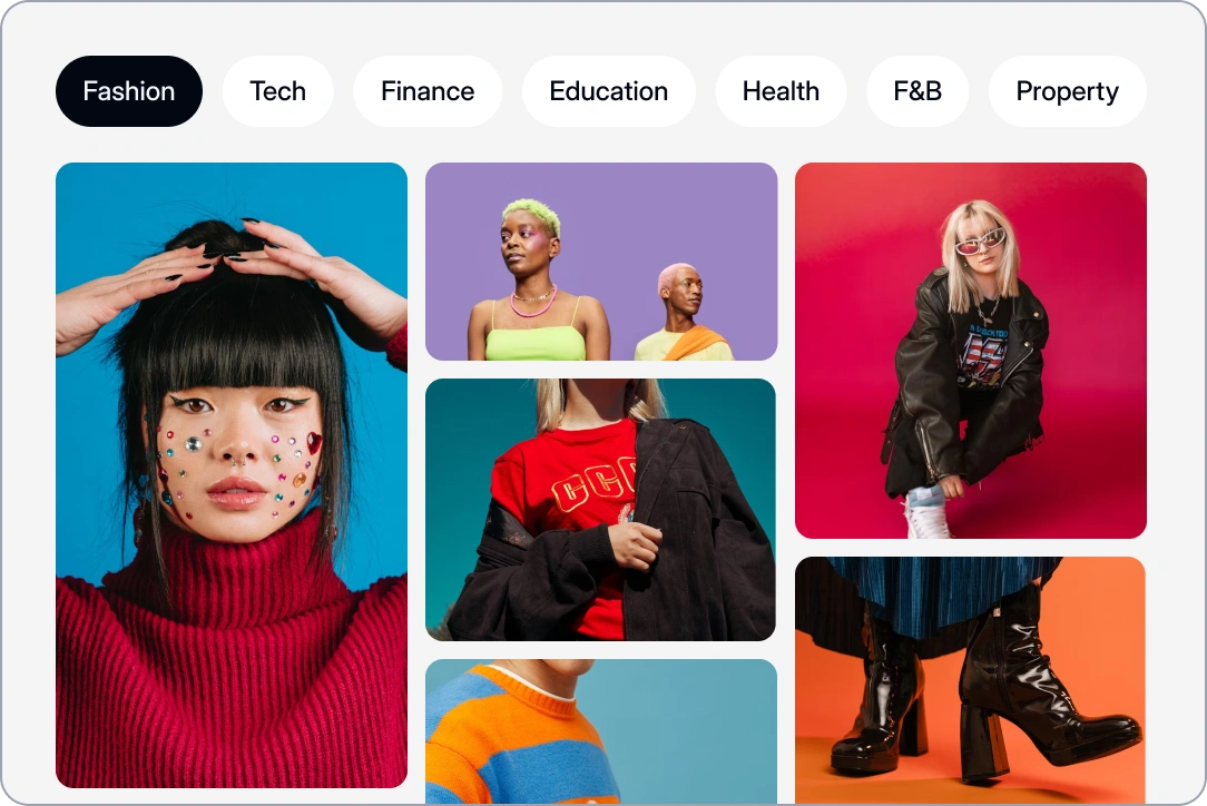A Socialmon interface mockup that displays a grid of viral posts, with filter buttons at the top for categories pertaining to industry niches, such as Tech, Finance, Education, Health, F&B, and Property. Demo of Socialmon's AI-powered discovery.