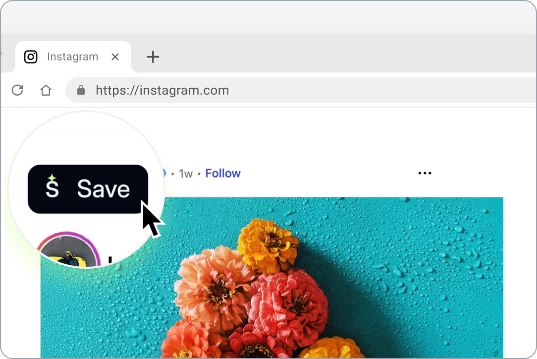 A browser view of an Instagram post featuring flowers, with a magnified overlay of a Socialmon "Save" button, demonstrating Socialmon's one-click save tool (Chrome Browser Extension).